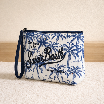 Trousse de maquillage Saint-Barth à motif palmiers bleus, accessoire de voyage estival pratique et léger
