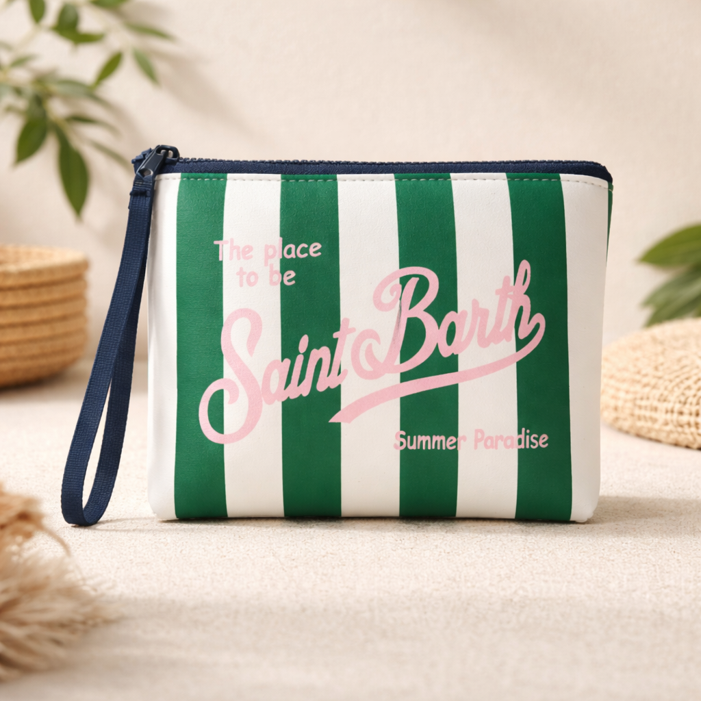 Trousse de maquillage Saint-Barth à rayures vertes et blanches, style estival, accessoire beauté et voyage
