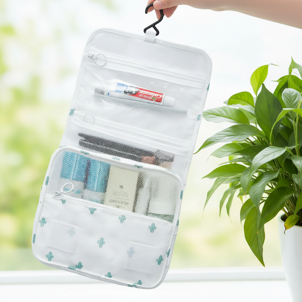 Trousse de toilette femme blanche motif cactus ouverte démontrant les 3 compartiments