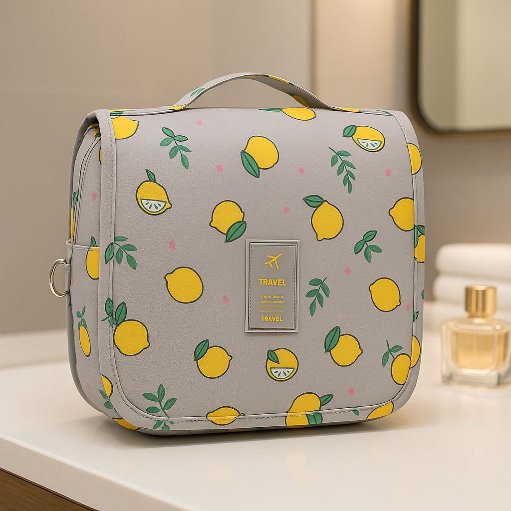 Trousse de toilette femme grise motif citron sur comptoir de salle de bain fermée et se tenant debout.
