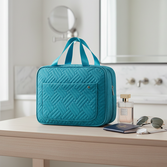 Trousse de toilette femme rétro bleue, posée sur un meuble avec parfum et accessoires, style chic et organisation idéale pour le voyage.
