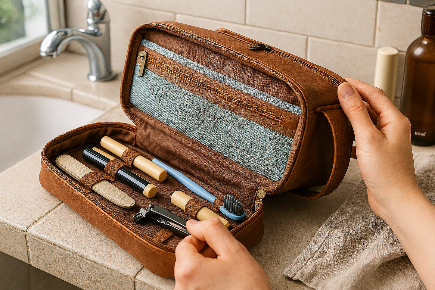 homme prend le coupe ongle de la trousse de toilette homme marron ouverte sur un lavabo, accessoires de soin rangés, compartiments élastiques pratique pour le voyage.