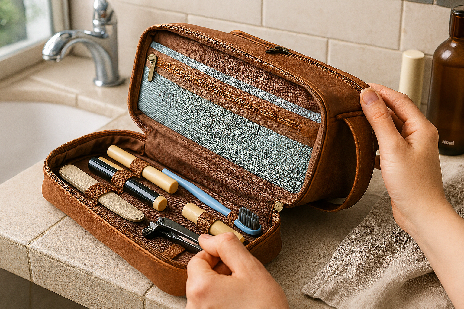 homme prend le coupe ongle de la trousse de toilette homme marron ouverte sur un lavabo, accessoires de soin rangés, compartiments élastiques pratique pour le voyage.