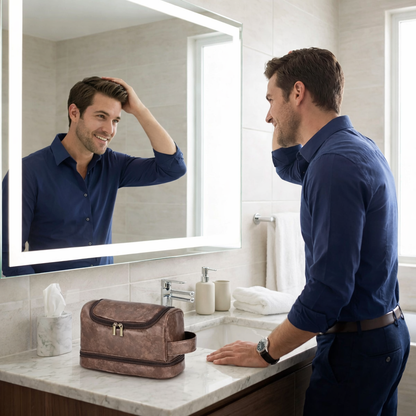 Homme fait sa coiffure devant miroir. La trousse de toilette homme posée sur un lavabo dans une salle de bain moderne, rangement élégant 