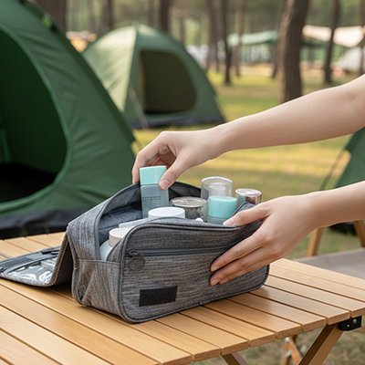 Trousse de toilette sur table a pic nique avec tous les produits nécessaires pour escapade de court ou moyen terme