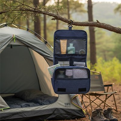 Trousse de toilette suspendue à une branche d'arbre prêt d'une tente dans une belle fotêt