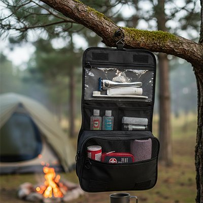 Trousse de toilette suspendue à une branche d'arbre prêt d'une tente et un petit feu camp