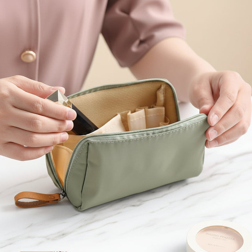 Petite trousse de toilette verte ouverte sur comptoir avec tous les essentiel pour une journée au boulot