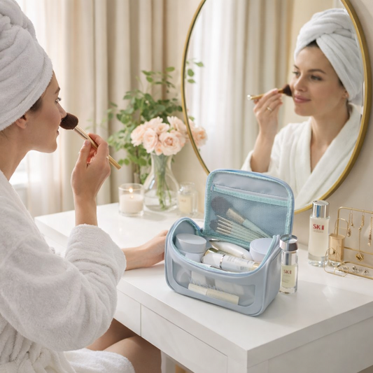 Trousse de toilette voyage bleue posée sur une coiffeuse, femme se maquillant en robe de chambre, ambiance lumineuse et zen.