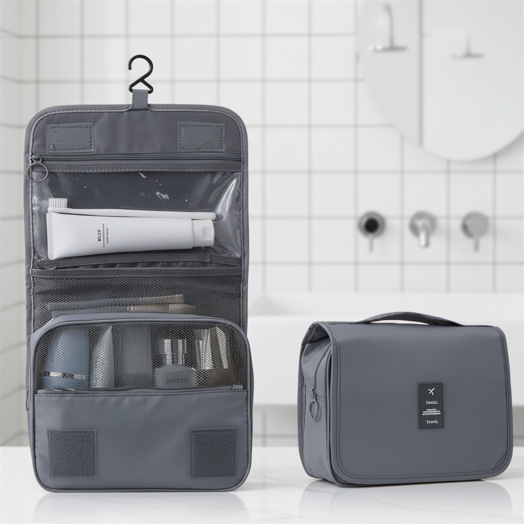 modèle de trousse de toilette  de voyage imperméable  de couleur grise compact  dans un décor de salle de bain minimaliste blanche