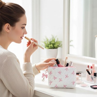 Femme se maquille devant miroir accompagnée de la mini Trousse maquillage  blanche boucle rose