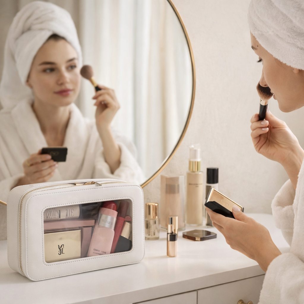 Trousse maquillage blanche posée sur coiffeuse avec fenêtre transparente, utilisée par une femme en robe de chambre lors de sa routine beauté