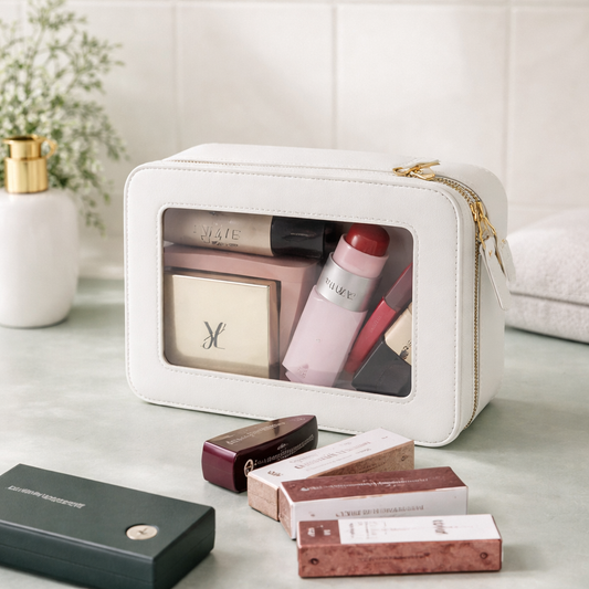 Trousse maquillage blanche raffinée avec fenêtre transparente, format compact, parfaite pour ranger maquillage et soins sur une coiffeuse ou dans une valise