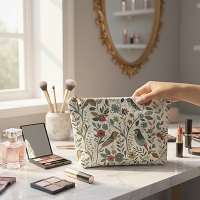 Trousse maquillage debout sur maquilleuse afin d'exposer sa simplicité et son l'élégance. maquillage prêta être ranger