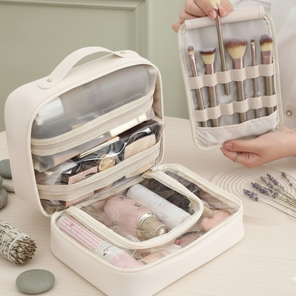 Trousse maquillage pour femme beige crème et blanc cassé, grande capacité avec compartiments transparents et étui pinceaux séparé, organisation élégante.