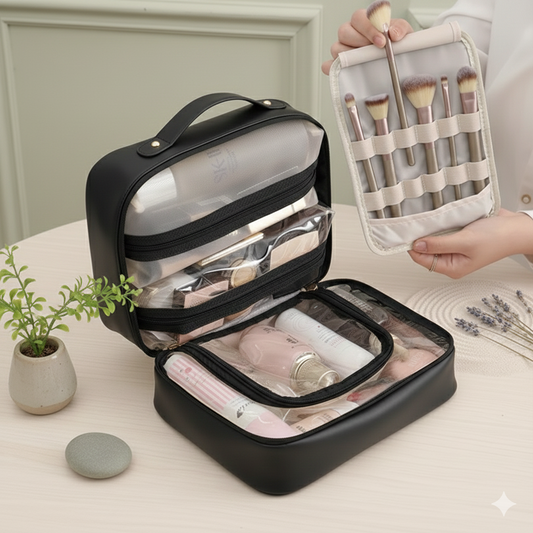 Trousse maquillage femme noire avec intérieur clair, ouverte sur table, compartiments transparents et étui pinceaux séparé pour le maquillage.