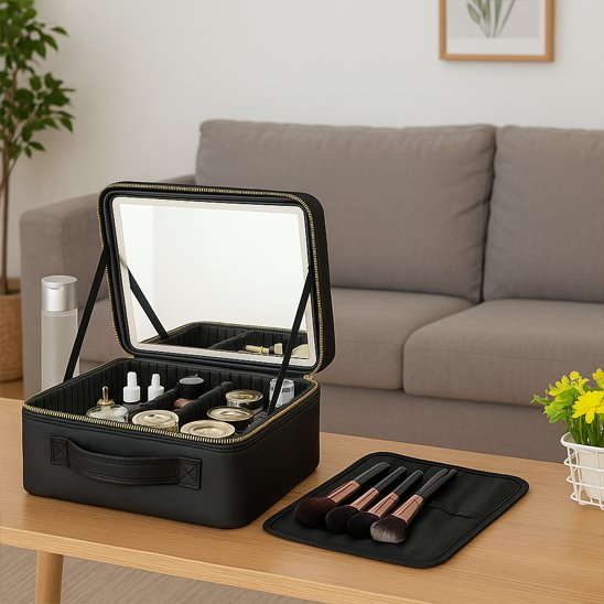 Trousse maquillage noir ouverte grand miroir expose