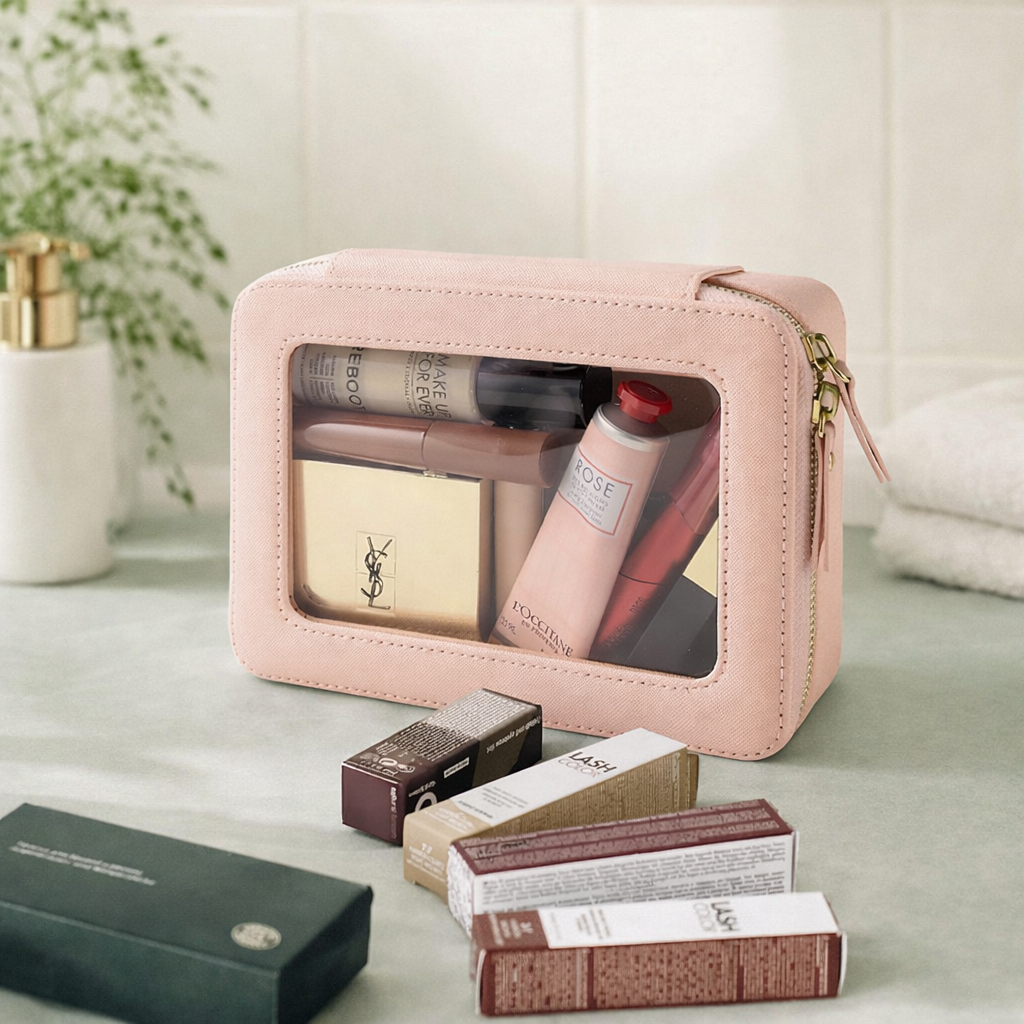 Trousse maquillage rose douce et féminine avec fenêtre transparente, idéale pour organiser rouges à lèvres, pinceaux et soins dans un espace réduit