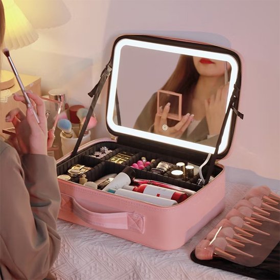 Trousse maquillage rose sur un bureau lumiere LED allume