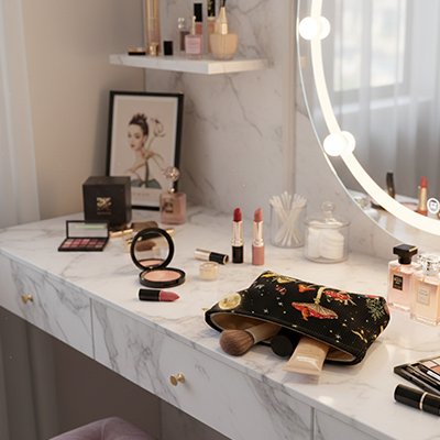 Trousse maquillage sur comptoir de salle de bain marbre avec tout le nécessaires maquillage prêt à l'utilisation pour partir une belle journée