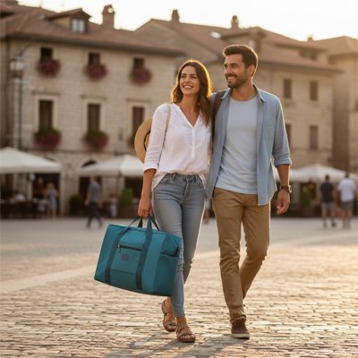 Un couple se promene femme tiens Sac voyage vert dans ville europeenne
