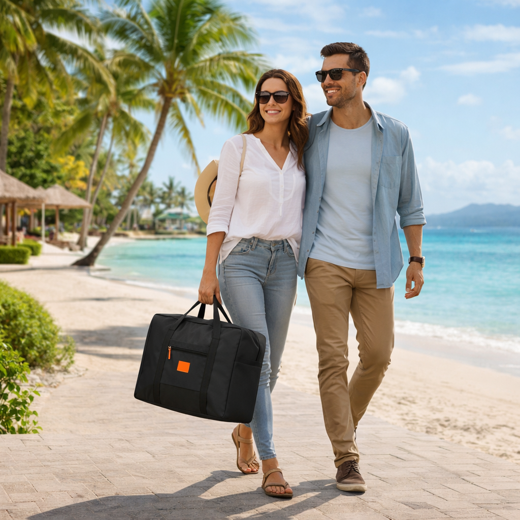 Un couple se promène sur la plage près de la mer, la femme tenant un sac de voyage noir.