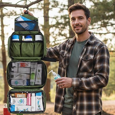 Un homme présente une trousse de toilette homme suspendue en pleine nature, parfaite pour les voyages, randonnées et escapades 