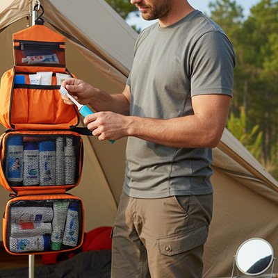 Un homme range ses produits dans une trousse de toilette homme suspendue, pratique et fonctionnelle lors d’un séjour en camping.