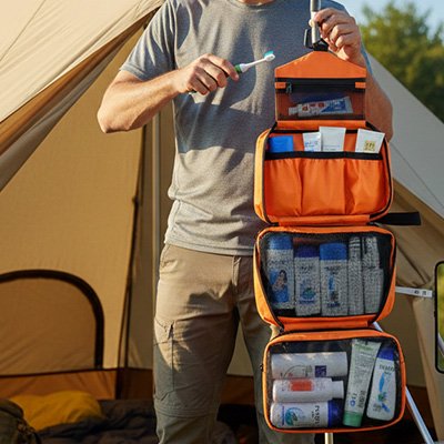 Un homme se brosse les dents devant sa tente avec une trousse de toilette homme suspendue, idéale pour une routine hygiène en voyage. 