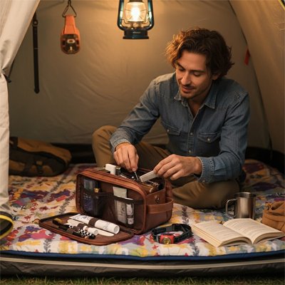 Un homme utilise une trousse de toilette voyage effet cuir véritable dans une tente, idéale pour organiser ses essentiels en plein air.