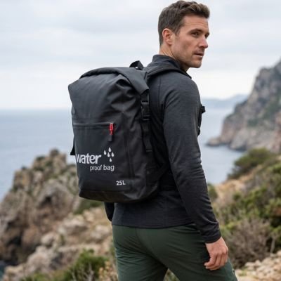 Un voyage marche sur le bord de rocher avec Sac à dos étanche noir