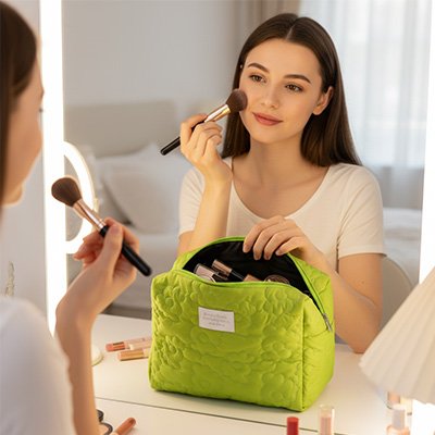 une femme prépare sa trousse à maquillage pour un départ au travail.