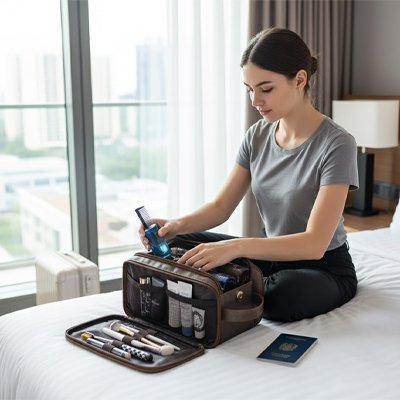 Une femme prépare son séjour avec une trousse de toilette voyage effet cuir véritable, pratique et organisée sur un lit d’hôtel lumineux.