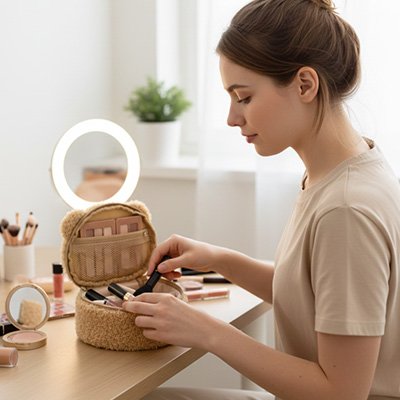 Une trousse à maquillage beige en forme d’ours est ouverte sur une table en bois. Une femme range des produits cosmétiques devant un miroir éclairé.
