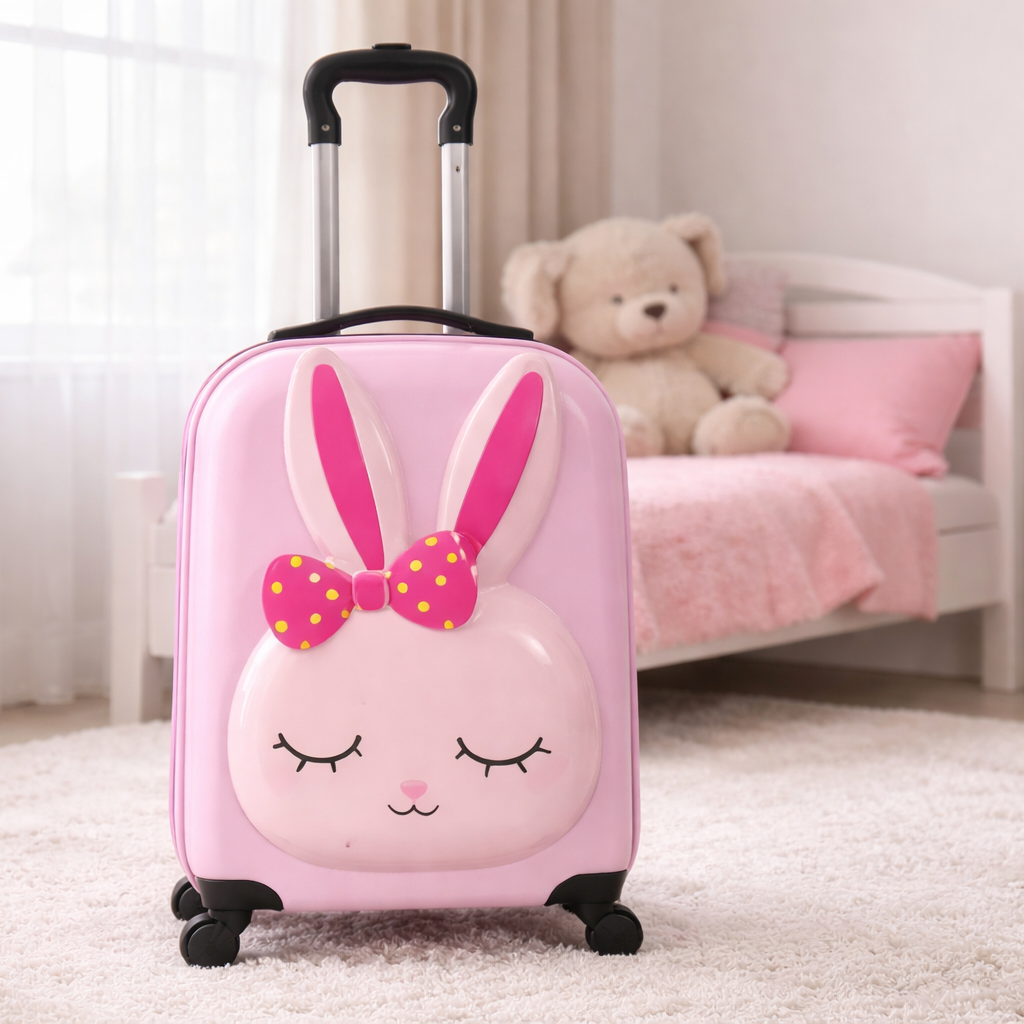 Valise enfant rose avec petit lapin dans chambre de fillette, lit, toutou et tapis rose bien éclairée.