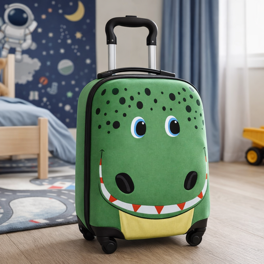 valise enfant verte dinosaure dans chambre garçon décor astronaute lit toutou tapis course camion chantier 