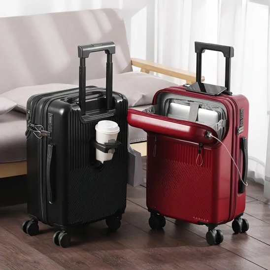 Valise rigide 24 pouces rouge et noire, rangement PC ouvert et présentation du porte gobelet