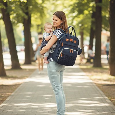 Visite d'un magnifique parc d'une mère et son petit avec le sac de voyage pour bébé porter sur les épaules