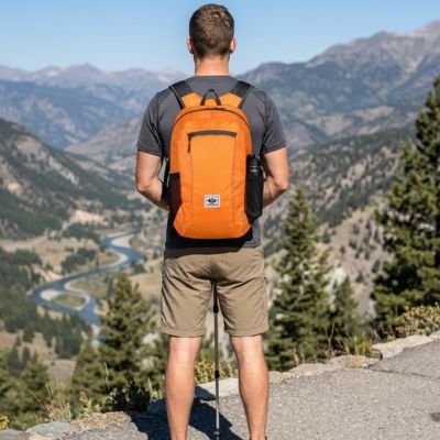Voyageur avec sac à dos pliable orange Easy-go