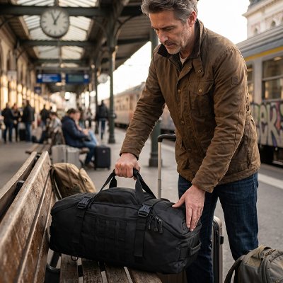 Voyageur dans une gare de train avec grand Sac à dos pour randonnée 